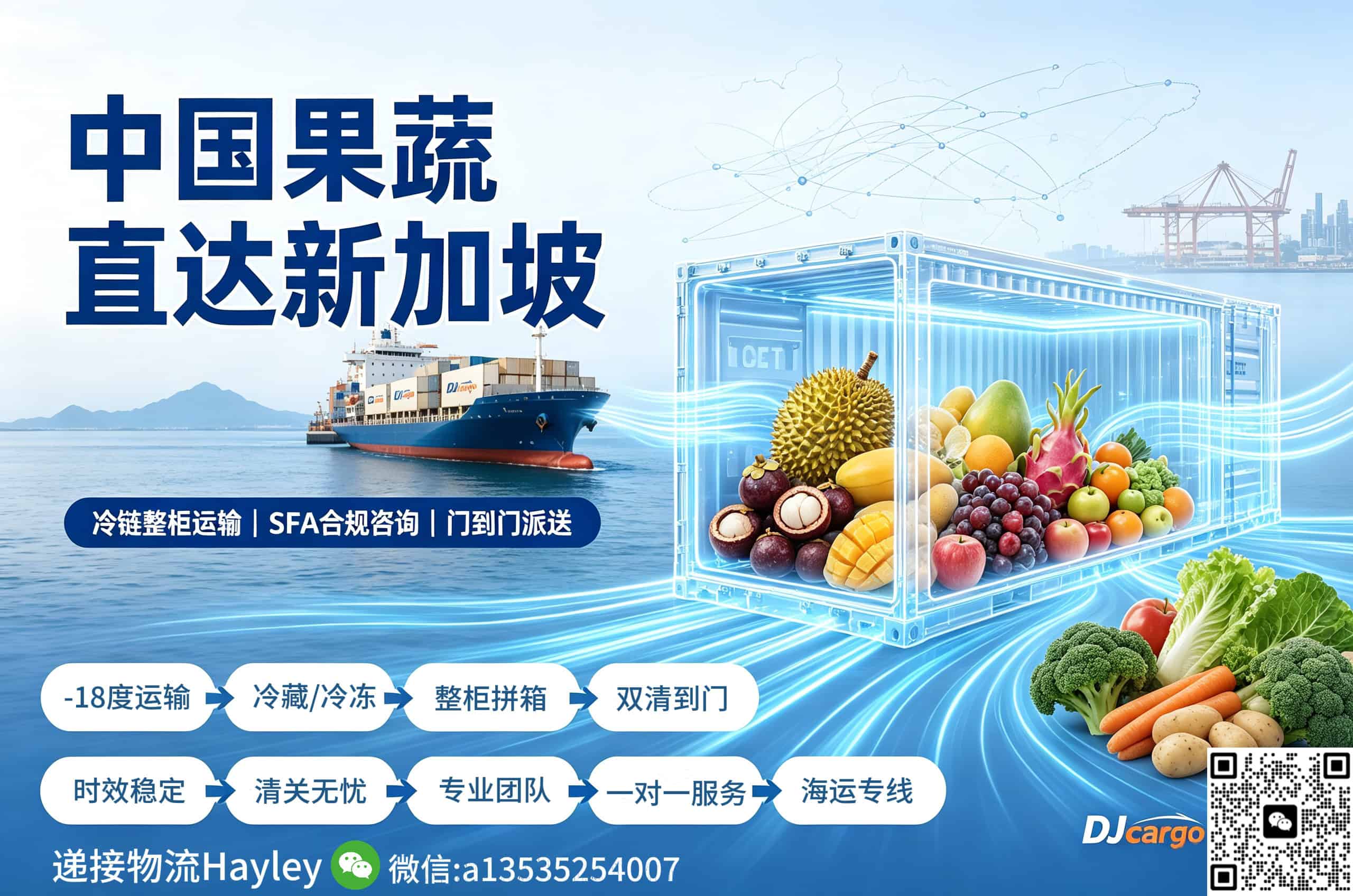 蔬果整柜冷藏海运冷链到新加坡正规出口双清门到门